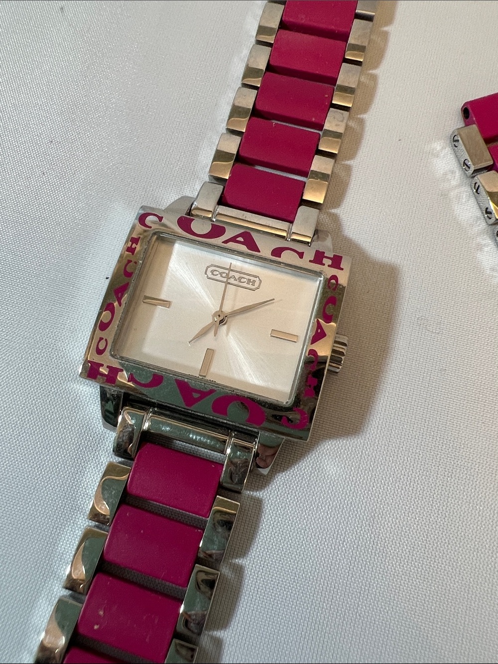 COACH Silver Watch with Pink Accent Links